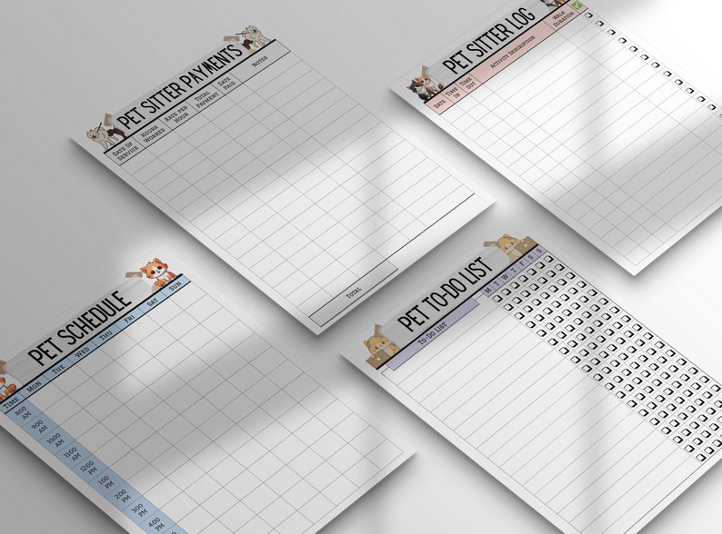 May include: Four printable pet sitter checklists with cute animal illustrations. The checklists include: Pet Schedule, Pet To-Do List, Pet Sitter Log, and Pet Sitter Payments.
