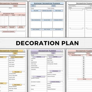 Pu&ograve; includere: Un set di modelli di pianificatore di decorazioni stampabili per feste ed eventi. I modelli includono sezioni per i dettagli della festa, lo schema di colori, i tavoli per il cibo, i tavoli degli ospiti e le sedie, i palloncini, i nastri, i fiori, le decorazioni per cupcake e altro ancora.