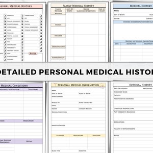 May include: A printable medical history form with sections for personal medical history, family medical history, and surgical history. The form includes sections for allergies, medications, and notes.