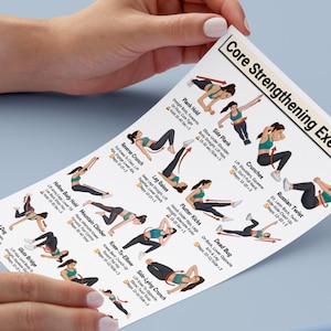 Puede incluir: Un papel blanco titulado "Core Strengthening Exercises" es sostenido por manos. El papel muestra ejercicios ilustrados, incluyendo Plank Hold, Crunches y Russian Twist. Los ejercicios son demostrados por una persona que lleva ropa deportiva verde azulado y negra.
