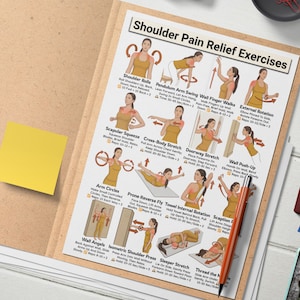 May include: A printed guide titled "Shoulder Pain Relief Exercises" featuring illustrations of various stretches and exercises. The guide is displayed in a brown folder with a yellow sticky note. A pen and a notebook are also visible.