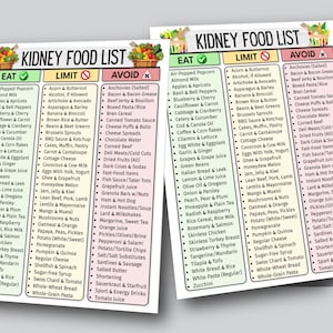 May include: Two printed sheets listing foods to eat, limit, and avoid for a kidney-friendly diet. The lists are categorized with green, yellow, and red headers, respectively, and include various food items.