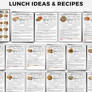 May include: A collection of 16 printable lunch ideas for people with diabetes. Each card features a photo of a meal, a list of ingredients, and nutritional information. The cards are labeled "Diabetic-Friendly Lunch".