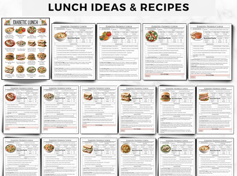May include: A collection of 16 printable lunch ideas for people with diabetes. Each card features a photo of a meal, a list of ingredients, and nutritional information. The cards are labeled "Diabetic-Friendly Lunch".