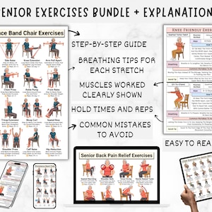 May include: A digital bundle of senior exercise guides featuring resistance band chair exercises and back pain relief routines. The charts include step-by-step instructions, breathing tips, muscle diagrams, hold times, repetitions, and common mistakes to avoid.