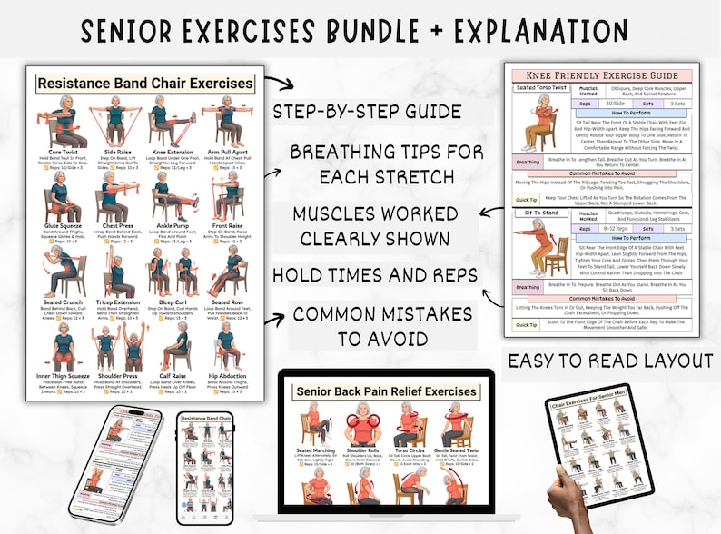 May include: A digital bundle of senior exercise guides featuring resistance band chair exercises and back pain relief routines. The charts include step-by-step instructions, breathing tips, muscle diagrams, hold times, repetitions, and common mistakes to avoid.