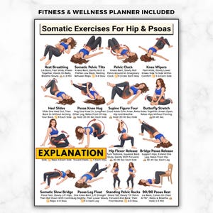 May include: A fitness chart titled Somatic Exercises For Hip & Psoas featuring illustrations of a person in blue athletic wear performing various movements. The poster includes text instructions for each exercise, such as Rest Breathing and Bridge Psoas Release.