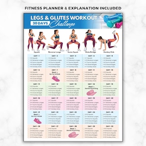 Puede incluir: Un planificador de fitness de 30 días para un desafío de piernas y glúteos. El documento incluye ilustraciones de cinco ejercicios: sentadillas, estocadas inversas, sentadillas sumo, puentes de glúteos y patadas de burro con repeticiones.