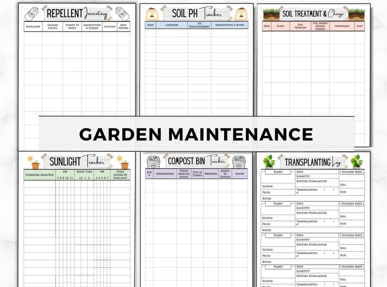 May include: Printable garden planner pages with a light green, pink, and blue colour scheme. The pages include trackers for sunlight, compost, soil pH, soil treatment, and transplanting. The pages are decorated with cute illustrations of gardening tools and plants.