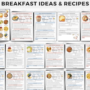 May include: A collection of printable recipe cards titled Breakfast Ideas & Recipes, featuring a summary sheet and individual high-protein breakfast guides with food photos, ingredient lists, instructions, and nutrition facts tables.