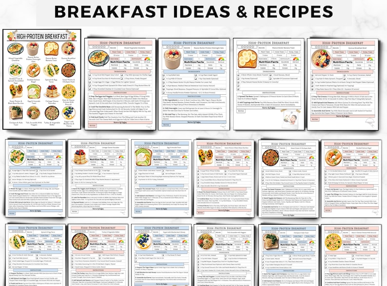 May include: A collection of printable recipe cards titled Breakfast Ideas & Recipes, featuring a summary sheet and individual high-protein breakfast guides with food photos, ingredient lists, instructions, and nutrition facts tables.