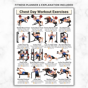 May include: A fitness planner with the title "Chest Day Workout Exercises" featuring diagrams and instructions for various chest exercises. Includes exercises like barbell bench press, incline press, and dumbbell fly. Text includes sets, reps, and exercise instructions.