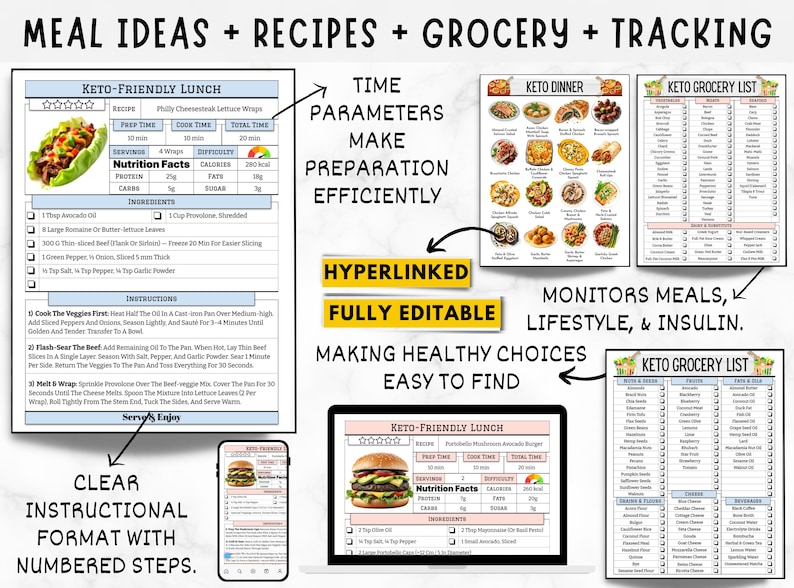 May include: A digital keto meal planner with recipes, grocery lists, and tracking features. The planner includes a keto-friendly lunch recipe with nutritional information and instructions. The design is clear and easy to follow.