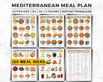 May include: A Mediterranean meal plan with 128 meal ideas, displayed on six colorful charts. The charts are labeled for breakfast, lunch, dinner, snacks, beverages, and grocery. The text "MEDITERRANEAN MEAL PLAN" is at the top.