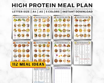 May include: A printable meal plan with 112 high-protein meal ideas. The meal plan is divided into breakfast, lunch, dinner, snacks, and grocery lists. The meal plan is available in letter, A4, and A5 sizes and in five colors.