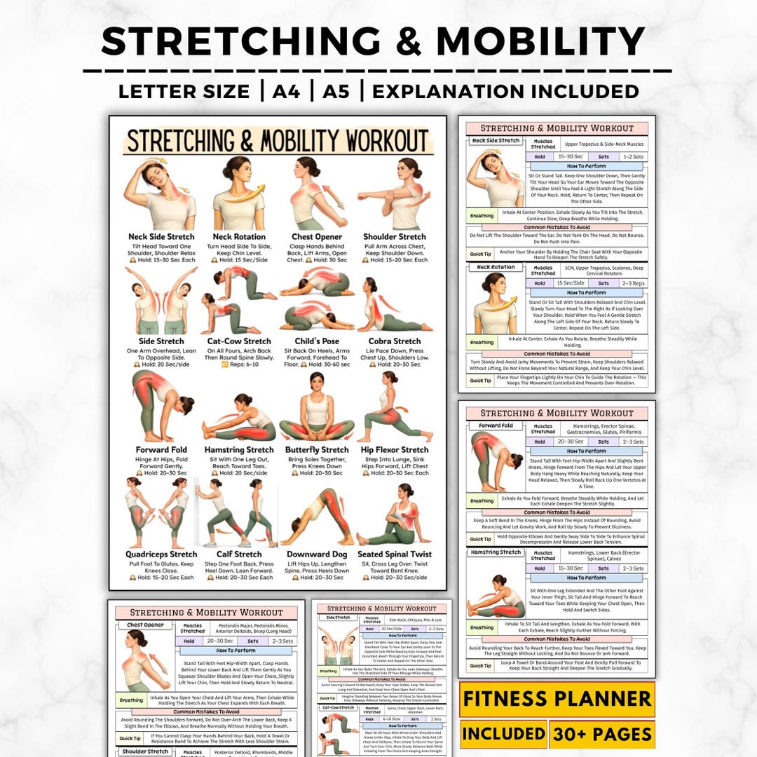 Full Stretching Mobility Routine Stretching Exercises & Mobility Workout, Full Body Stretch Chart ...