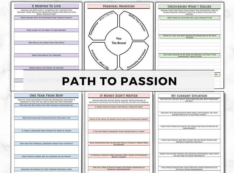 K&ouml;nnte beinhalten: Ein druckbares Arbeitsblatt mit dem Titel "Path to Passion" und sechs Abschnitten: "6 Months to Live", "One Year From Now", "If Money Didn't Matter", "My Current Situation", "Uncovering What I Dislike" und "Personal Branding". Jeder Abschnitt enth&auml;lt eine Reihe von Fragen, die Ihnen helfen sollen, &uuml;ber Ihr Leben und Ihre Ziele nachzudenken.