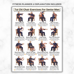 May include: A fitness planner with instructions for Tai Chi chair exercises for senior people. The poster includes illustrations and descriptions for each exercise, such as Opening Breath, Cloud Hands, and Spine Bends.