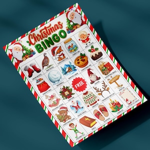 May include: Christmas Bingo game card with a red and green border. The card features festive illustrations and the text "Christmas BINGO". Images include Santa, snow boots, a fox, and a Christmas tree.