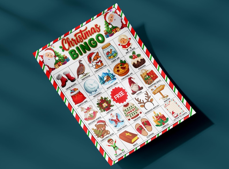 May include: Christmas Bingo game card with a red and green border. The card features festive illustrations and the text "Christmas BINGO". Images include Santa, snow boots, a fox, and a Christmas tree.