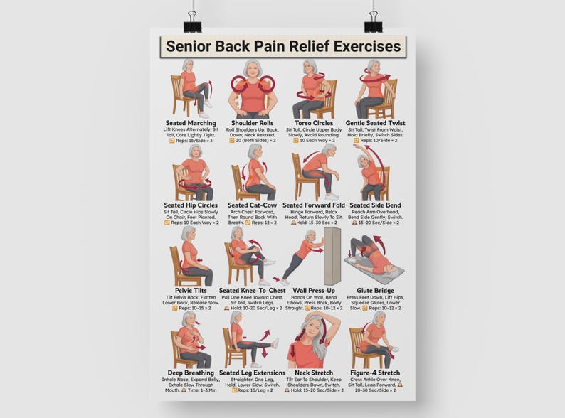 Back Pain Relief Exercises For Seniors, Lower Back Workout For Seniors, Chair Yoga Poster for Older Men, No Equipment Seated Exercise Chart image 9