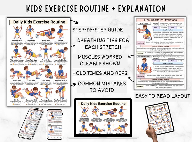 Edailt Exercise Routine Kids Exercise Chart, Daily Workout Moves at Home, Classroom Physical ...