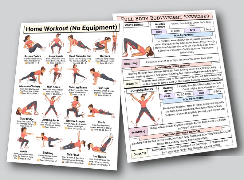 Home Workout Printable, No Equipment Bodyweight Exercises, Full Body Training, Calisthenics Fitness Exercise Chart, Home Gym Wall Poster PDF image 8