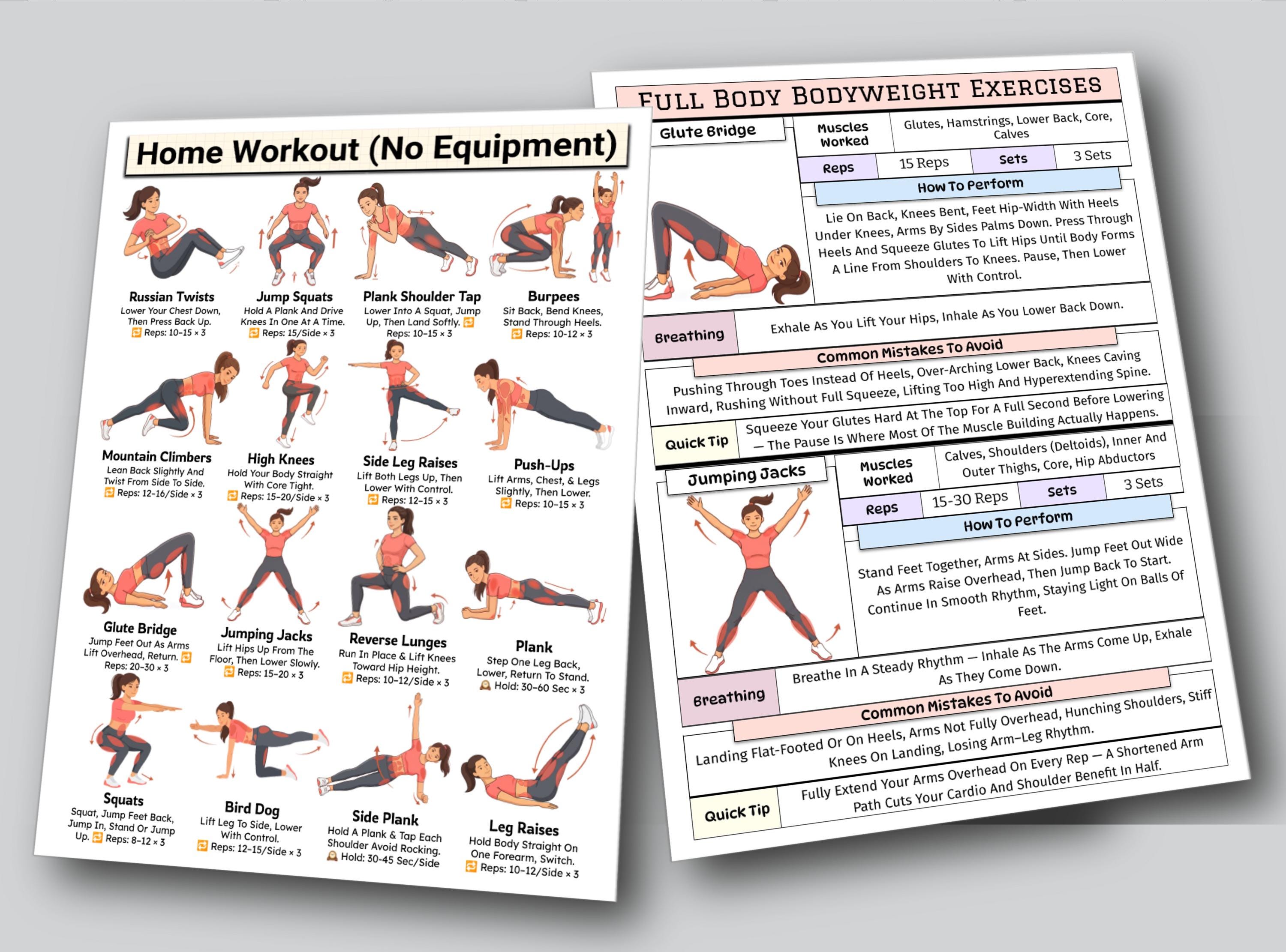 Home Workout Plan.pdf Home Workout Printable, No Equipment Bodyweight Exercises, Full Body ...