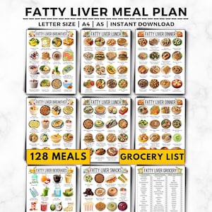 Könnte beinhalten: Ein 'Fatty Liver Meal Plan' mit farbenfrohen Bildern von Mahlzeiten für Frühstück, Mittagessen, Abendessen, Getränke und Snacks. Es enthält auch eine Einkaufsliste. Der Text enthält 'Letter Size', 'A4', 'A5', 'Instant Download' und '128 Mahlzeiten'.