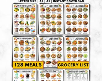 May include: A collection of colorful food images arranged on a white background, showcasing a 'Fatty Liver Meal Plan'. The plan includes breakfast, lunch, dinner, beverages, snacks, and a grocery list. Text includes 'Letter Size', 'A4', 'A5', 'Instant Download', and '128 Meals'.