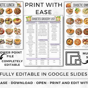 May include: A digital download featuring a diabetic meal plan with lunch and dinner options, a grocery list, and editable PowerPoint file. The image displays various healthy food choices and a list of ingredients.