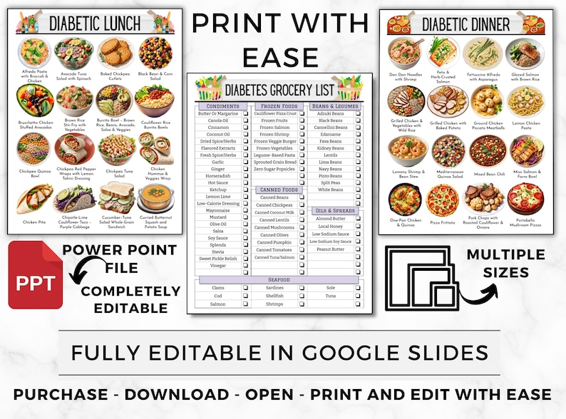 May include: A digital download featuring a diabetic meal plan with lunch and dinner options, a grocery list, and editable PowerPoint file. The image displays various healthy food choices and a list of ingredients.