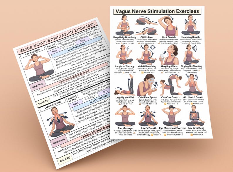 Puede incluir: Dos gu&iacute;as impresas sobre una superficie marr&oacute;n claro. Las gu&iacute;as detallan los ejercicios de estimulaci&oacute;n del nervio vago, incluyendo masajes de o&iacute;dos, t&eacute;cnicas de respiraci&oacute;n y varias posturas de yoga. Las gu&iacute;as presentan ilustraciones e instrucciones para cada ejercicio.