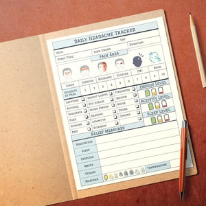 May include: A printable daily headache tracker with sections for date, start time, time ended, pain area, severity of pain, energy level, activity level, sleep level, and relief measures. The tracker includes a visual guide for pain areas, including sinus, tension, migraine, cluster, TMJ, and neck.