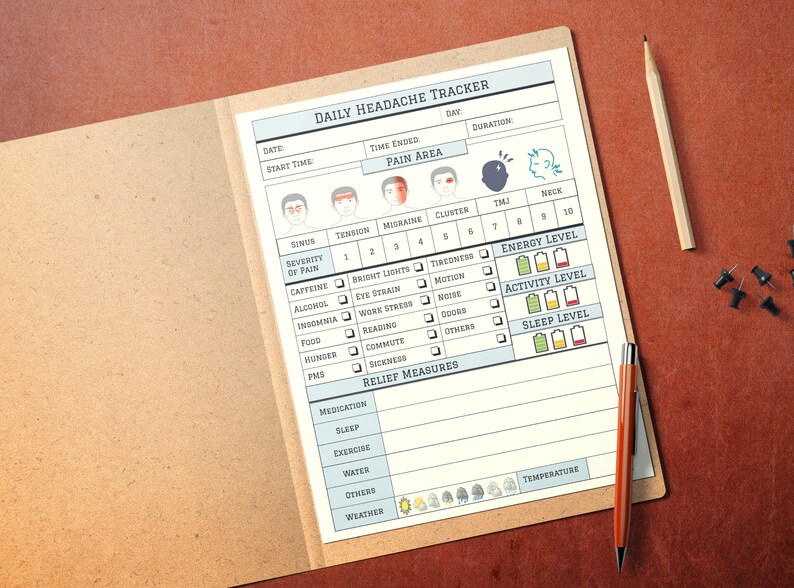 May include: A printable daily headache tracker with sections for date, start time, time ended, pain area, severity of pain, energy level, activity level, sleep level, and relief measures. The tracker includes a visual guide for pain areas, including sinus, tension, migraine, cluster, TMJ, and neck.