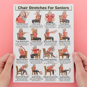 May include: A white instructional poster titled Chair Stretches For Seniors featuring twelve illustrated exercises. Each section displays a person in a red shirt performing movements on a wooden chair with descriptive text and repetition instructions.