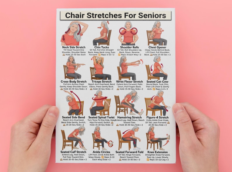 May include: A white instructional poster titled Chair Stretches For Seniors featuring twelve illustrated exercises. Each section displays a person in a red shirt performing movements on a wooden chair with descriptive text and repetition instructions.