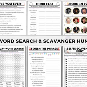 May include: A printable set of birthday party games with a pink and white color scheme. The games include "Have You Ever", "Think Fast", "Born in 1945", "Birthday Word Search", "Finish the Phrase", and "Selfie Scavenger Hunt".