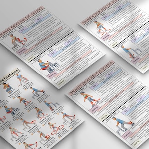 May include: Four printed sheets displaying balance exercises for seniors. Each sheet features illustrations of exercises with instructions and the text "Balance Exercises for Seniors" at the top. The sheets are angled, showing the front and side views.