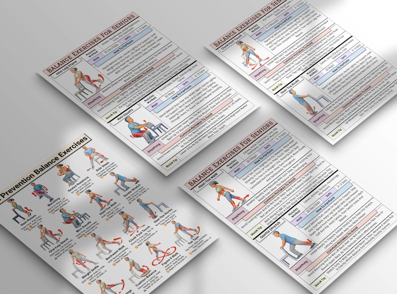 May include: Four printed sheets displaying balance exercises for seniors. Each sheet features illustrations of exercises with instructions and the text "Balance Exercises for Seniors" at the top. The sheets are angled, showing the front and side views.