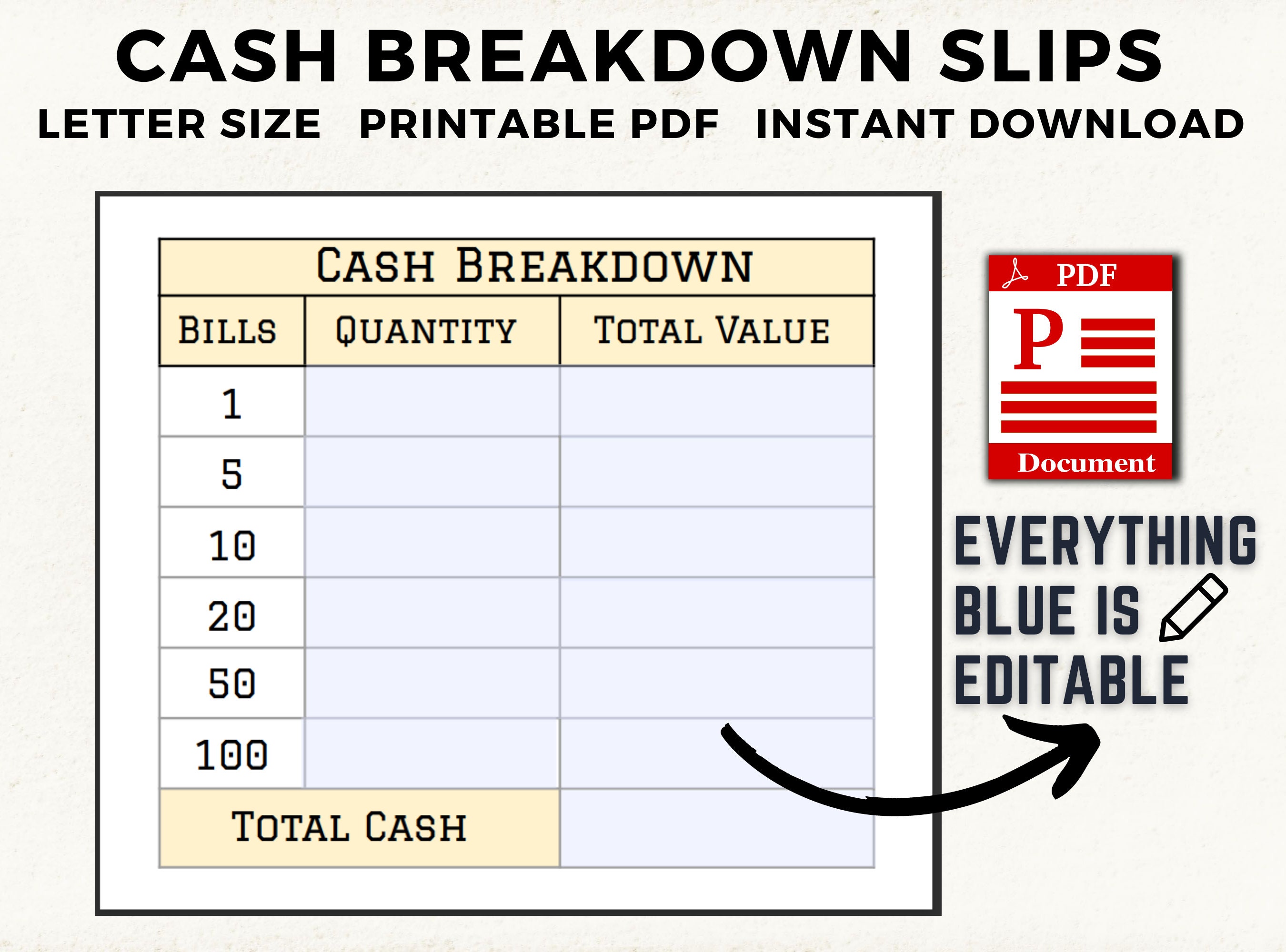 Cash Breakdown Slips Printable Bank Teller Slips Cash Etsy