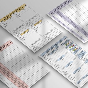 May include: Four printable pages for tracking blood sugar levels, food intake, and exercise. The pages are designed with a light blue, pink, and gray color scheme. The pages include sections for recording blood sugar levels before and after meals, snacks, and exercise. The pages also include sections for recording the time, meal, exercise, and notes.
