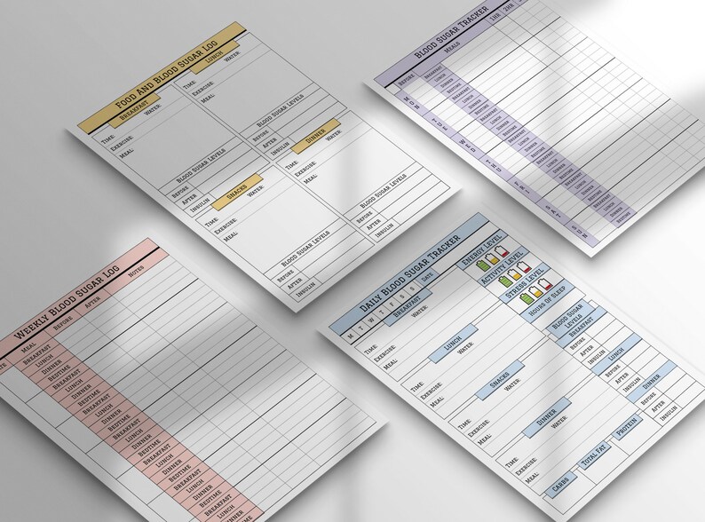 May include: Four printable pages for tracking blood sugar levels, food intake, and exercise. The pages are designed with a light blue, pink, and gray color scheme. The pages include sections for recording blood sugar levels before and after meals, snacks, and exercise. The pages also include sections for recording the time, meal, exercise, and notes.