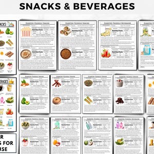 May include: A printable chart with a list of diabetic-friendly snacks and beverages. The chart includes images of the food items, nutritional information, and serving sizes. The chart is titled "Snacks & Beverages".