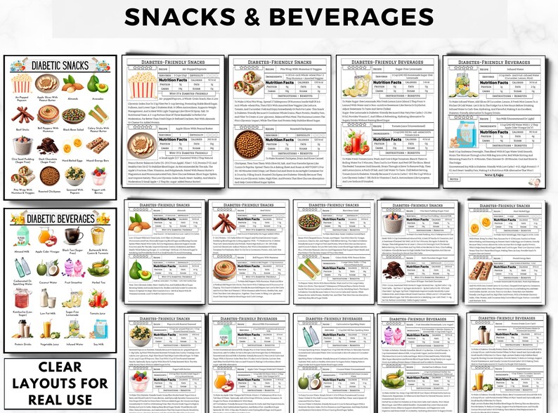 May include: A printable chart with a list of diabetic-friendly snacks and beverages. The chart includes images of the food items, nutritional information, and serving sizes. The chart is titled "Snacks & Beverages".