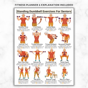 May include: A fitness guide titled "Standing Dumbbell Exercises For Seniors" with illustrations of various exercises. The guide includes instructions for exercises like shoulder press, front raise, lateral raise, bicep curl, and more. Text at the top reads "Fitness Planner & Explanation Included."