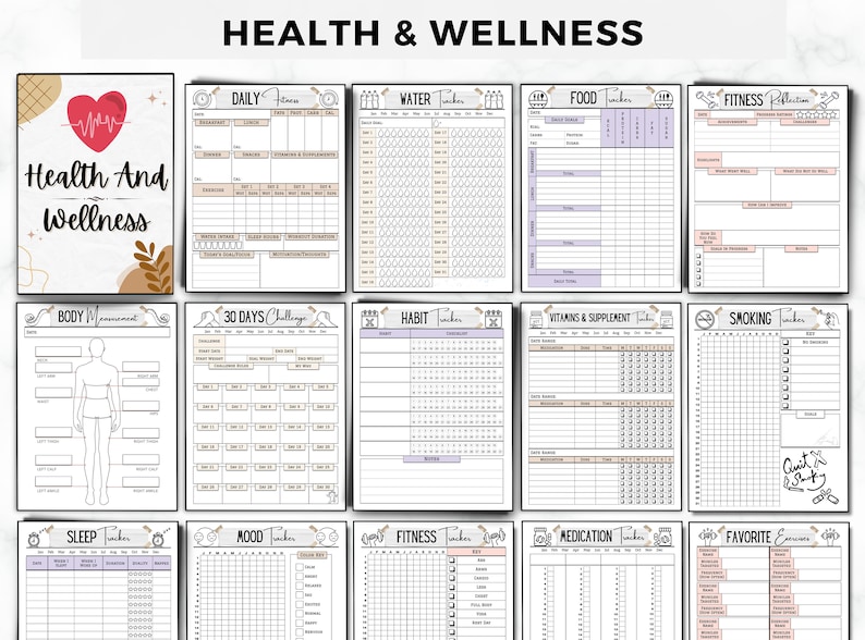 Puede incluir: Un conjunto de rastreadores de salud y bienestar imprimibles. Los rastreadores incluyen diario, agua, comida, estado f&iacute;sico, medici&oacute;n corporal, desaf&iacute;o de 30 d&iacute;as, h&aacute;bito, vitaminas y suplementos, fumar, sue&ntilde;o, estado de &aacute;nimo, estado f&iacute;sico, medicamentos y ejercicios favoritos.