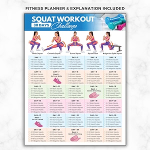 30-dagars knäböjsutmaning, träningsspårare för rumpa och höfter, benträningsschema, affisch för hemmagym för kvinnor, fitnessplan för ben