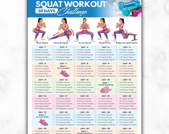 30-Day Squat Challenge, Glute & Hip Lower Body Workout Tracker, Booty, Legs Training Chart, Home Gym Poster For Women Fitness Leg Day Plan