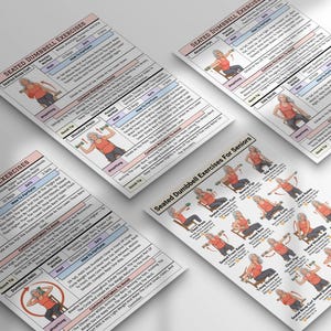 May include: A collection of four instructional exercise charts titled Seated Dumbbell Exercises for Seniors. Each chart features illustrations of a person in a red tank top performing various dumbbell movements with detailed text instructions.